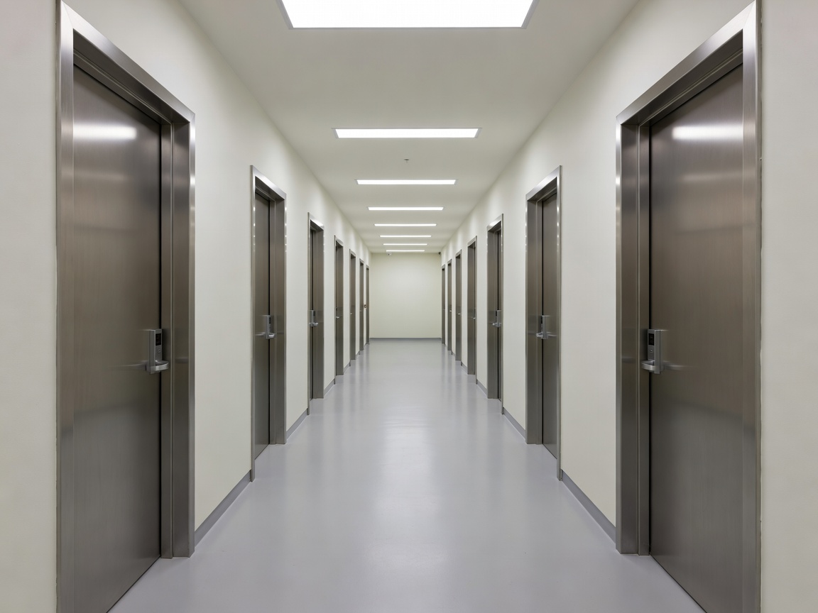 A clean corridor inside an art storage facility showing private gallery units with secure access doors.