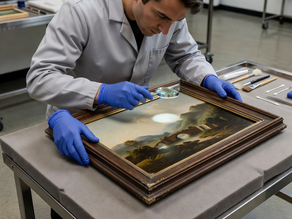 A technician in nitrile gloves carefully inspecting a framed artwork on a padded table.