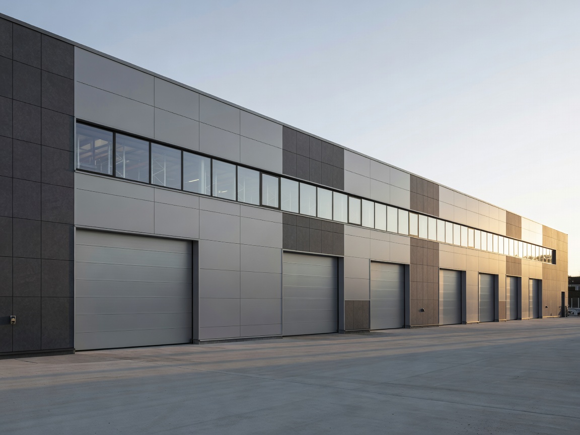 Architectural facade of a modern logistics and storage warehouse in Europe.