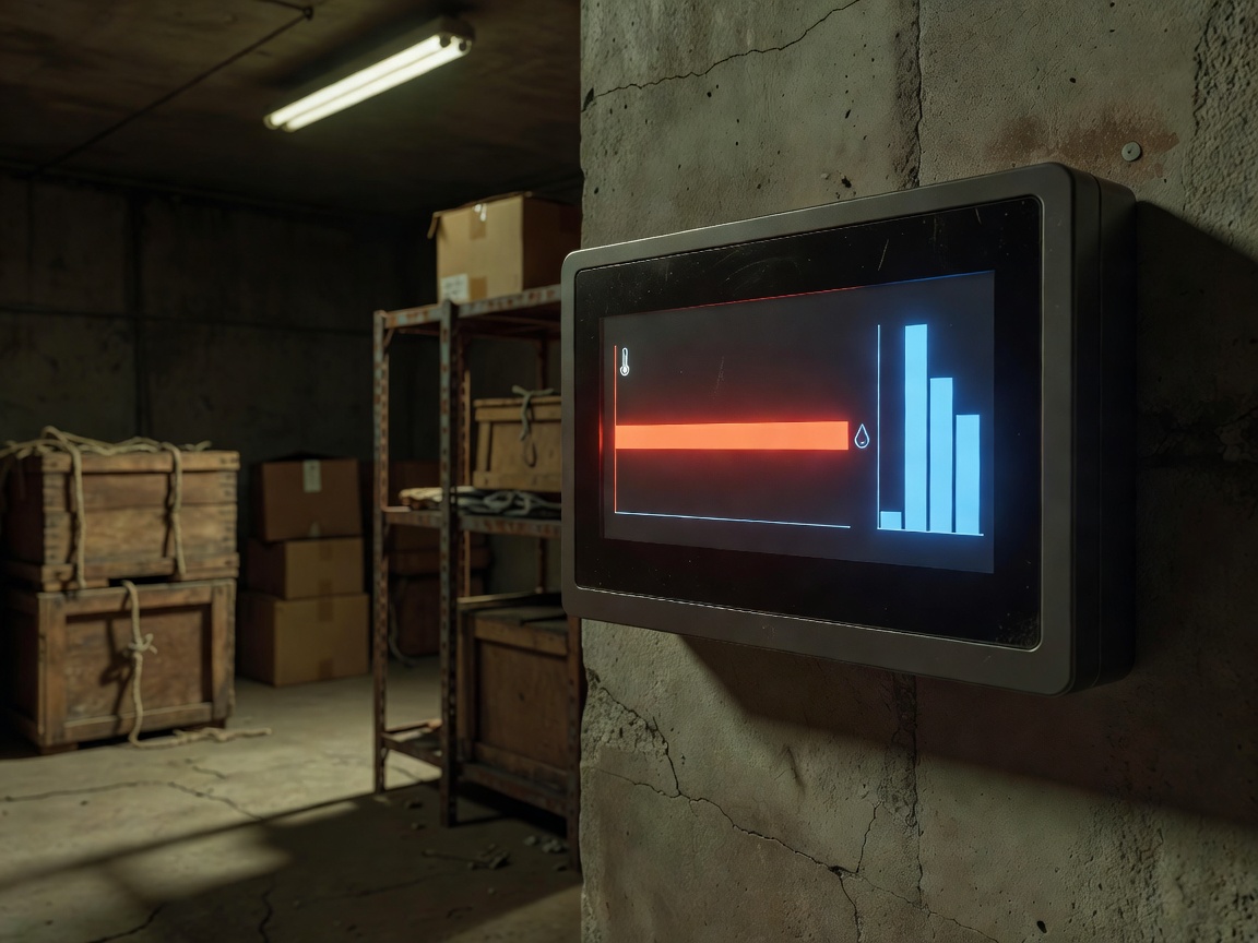 Climate monitoring device displaying temperature and humidity levels inside a storage room.