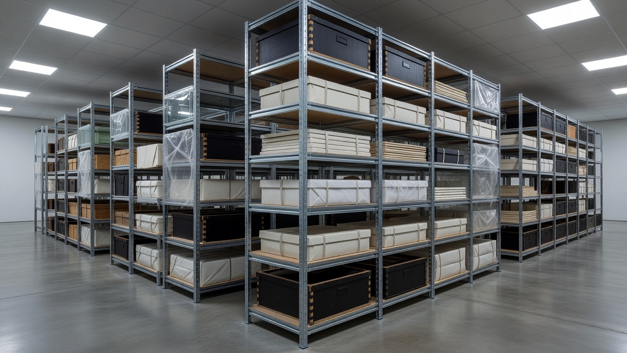 Contemporary art storage facility interior showing climate-controlled architectural space with archival racking systems.
