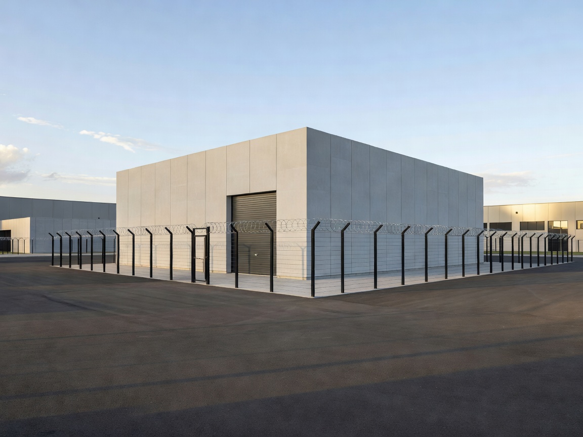 Exterior view of a secure, minimalist logistics building in a European industrial park.
