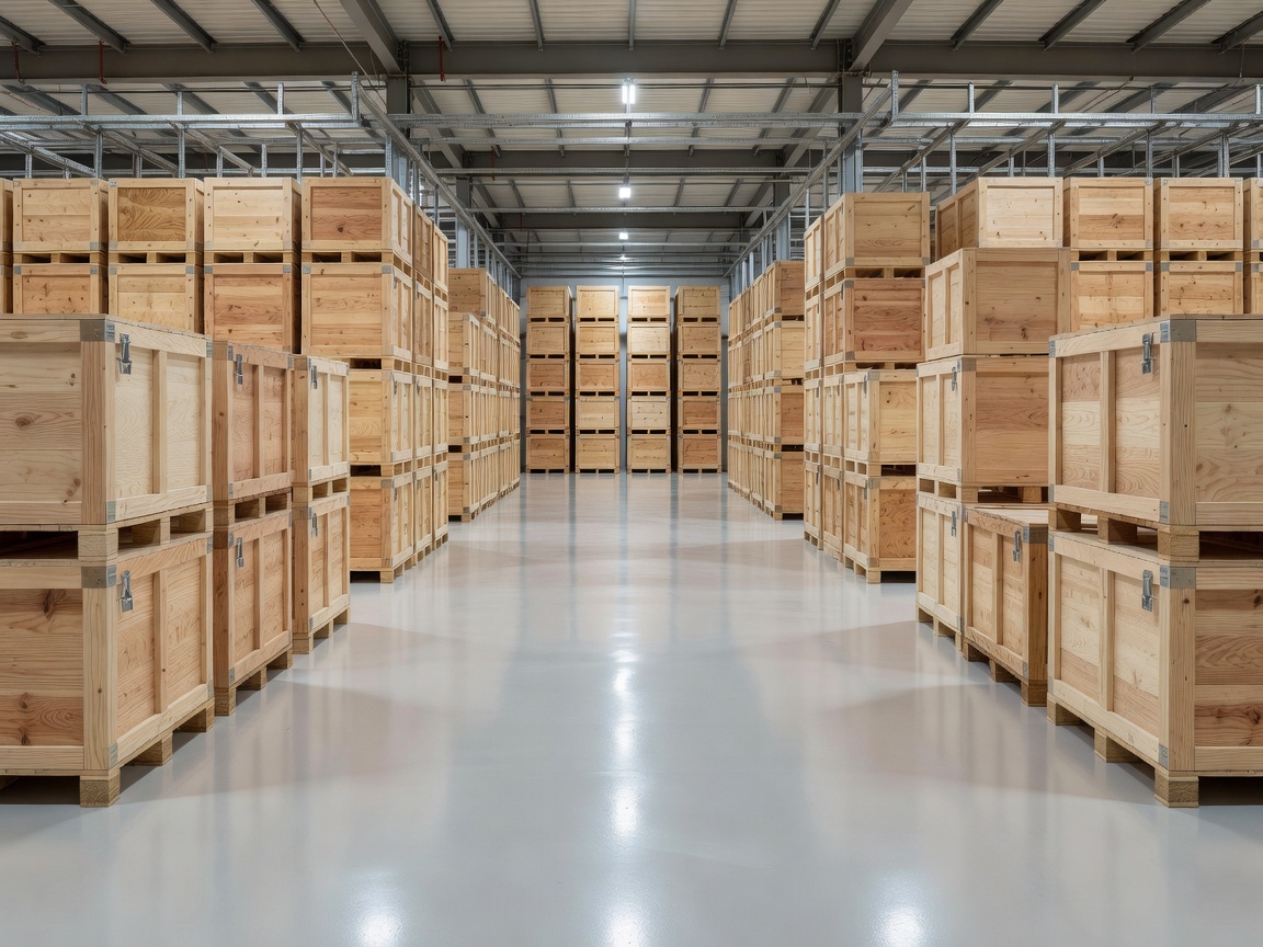 Large scale fine art storage room showing clean floors and organized wooden crates.