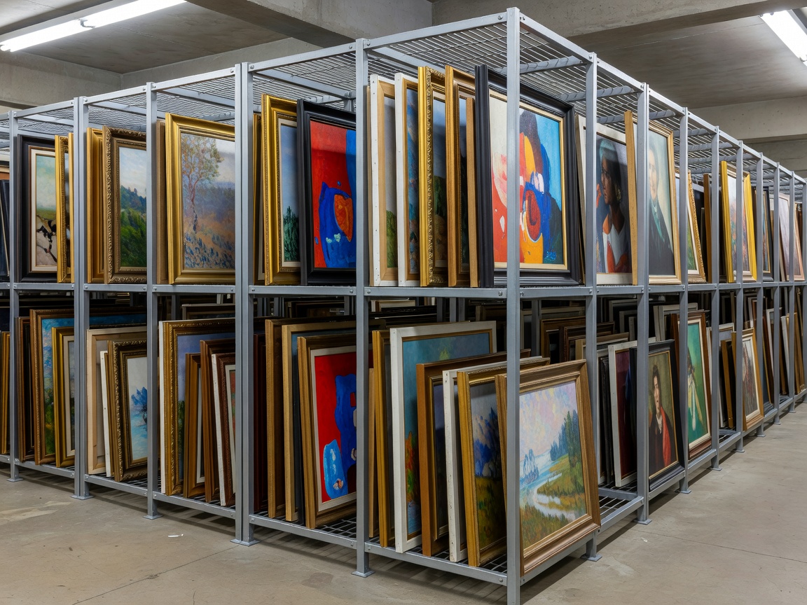 Rows of paintings on sliding wire racks in a commercial gallery storage space.