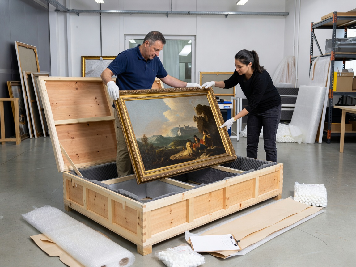 Specialist art handlers packing a framed painting into a wooden travel crate.